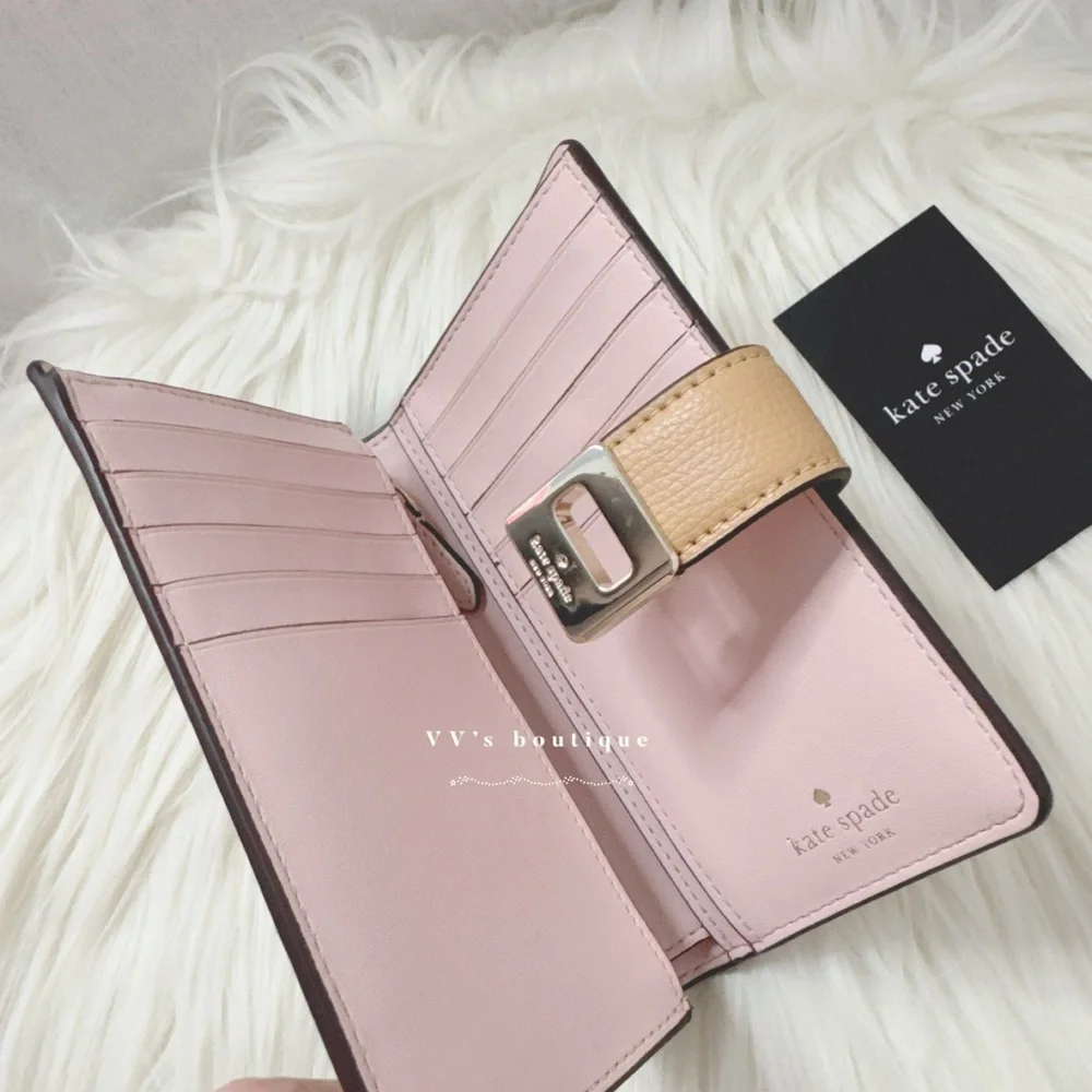 NWT Kate Spade Phoebe Medium Bifold Leather Turnlock Wallet Tiramisu Mouss KF534 - Picture 3 of 5